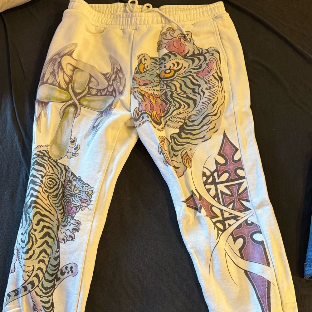 White Joggers with Tiger and Sword Design